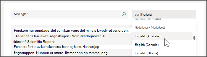 skjermbilde som viser rullegardinlisten for å velge et språk