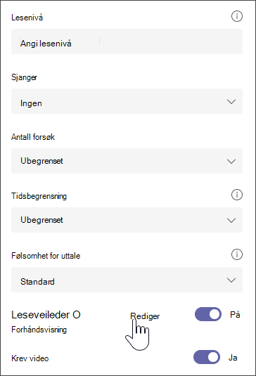 skjermbilde av det valgte avsnittet, med flere alternativer for å endre oppgaven