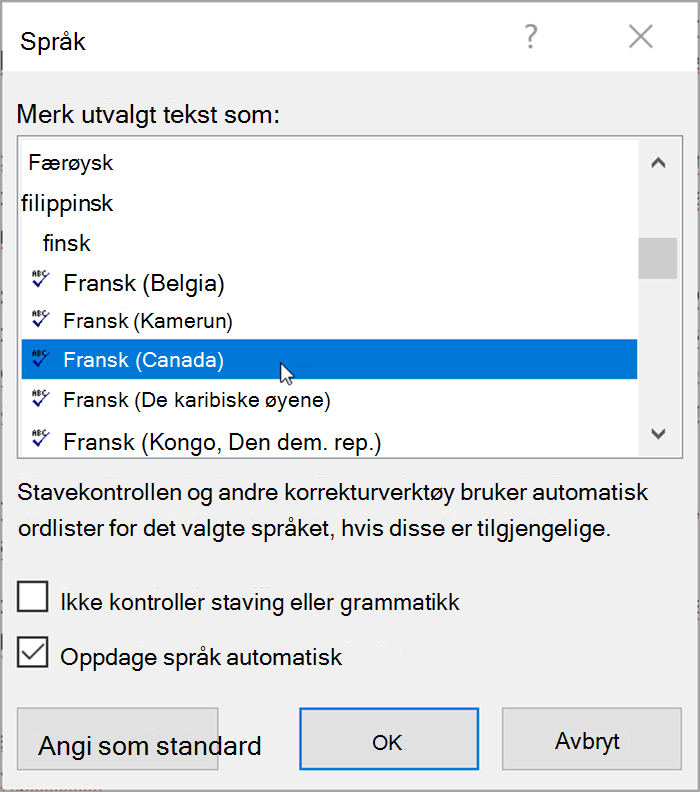 Skjermbilde fra Word. Popup-lister lister opp språk som kan velges. Identifiser språk automatisk er merket.