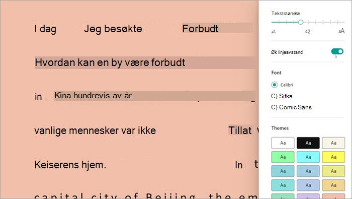 skjermbilde av engasjerende leser i Lesefremdrift. alternativer vises, inkludert tekststørrelse, avstand og bakgrunnsfarge