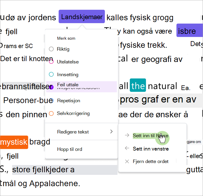 Skjermbilde av gjennomgangsruten for lesefremdrift som viser hvordan du setter inn ord til høyre eller venstre for et merket ord