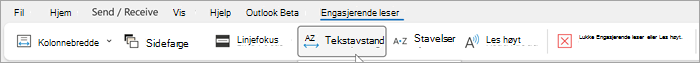 Skjermbilde av Engasjerende leser-båndet i skrivebordsversjonen av Outlook. Alternativer fra venstre mot høyre er kolonnebredde, sidefarge, linjefokus, tekstavstand, stavelser, les høyt, lukke engasjerende leser
