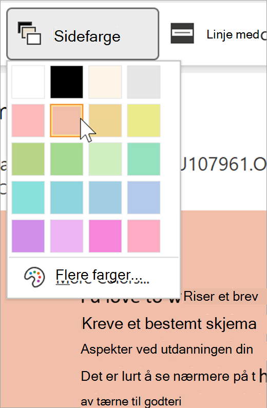 skjermbilde av rullegardinmenyen for sidefarge for engasjerende leser. En fargepalett vises, og bakgrunnen som er synlig bak rullegardinlisten, er pastelloransje