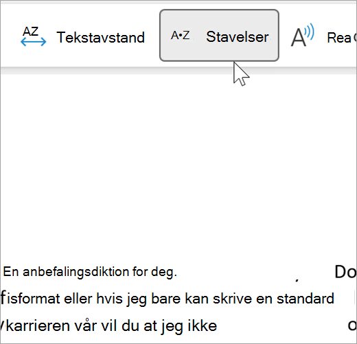 Skjermbilde av stavelsesfunksjonen til engasjerende leser som er valgt, og som viser et par ord i en e-postmelding atskilt i stavelser. ordet anbefaling vises som rec dot om dot men dot da dot tion