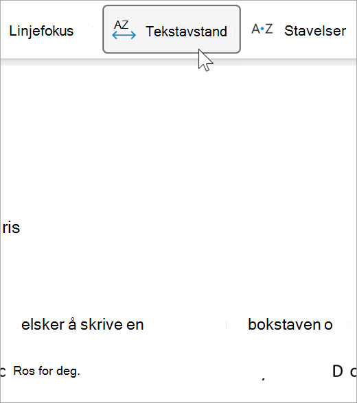 Skjermbilde av alternativet for tekstavstand for engasjerende leser. Det er større avstand mellom bokstaver og mellom ord