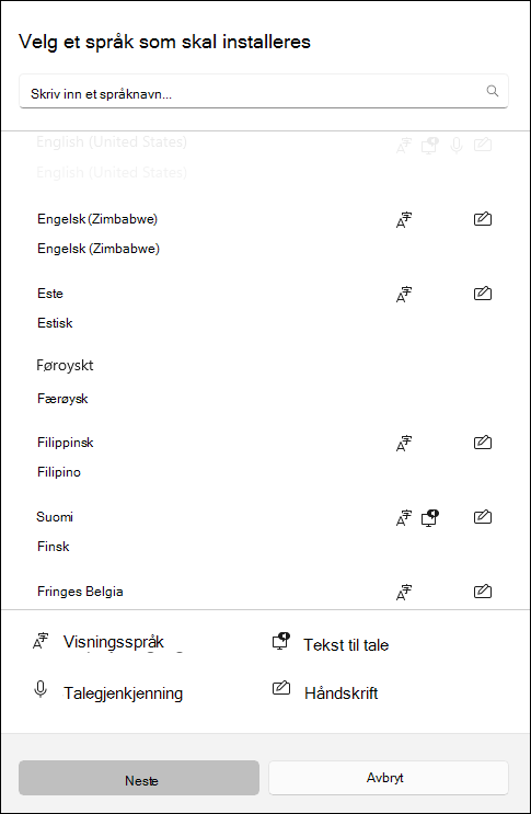 Skjermbilde av språkpakker som er tilgjengelige for nedlasting i Windows 10-innstillinger.
