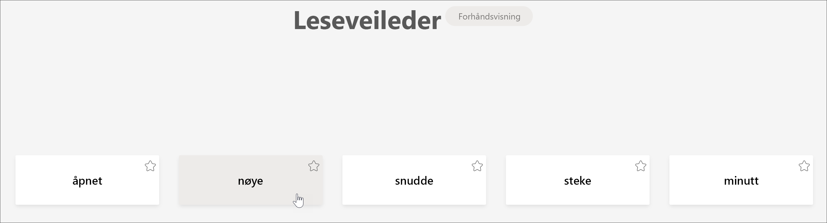 skjermbilde av elevvisningen av leseveileder som viser de fem ordene en elev ble mest utfordret av, med markøren som holdes forsiktig over ordet