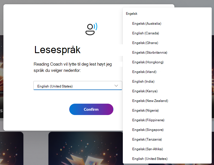 Skjermbilde av alternativer for lesespråk.