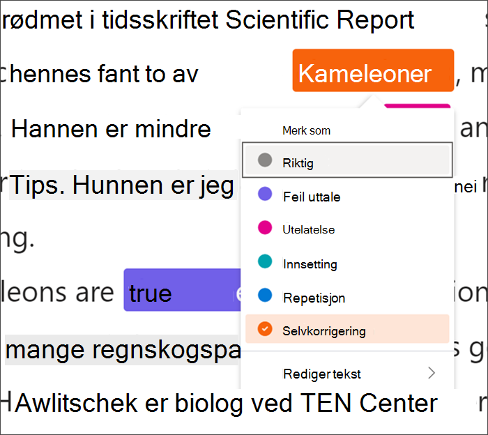 Tekst merket med feil, ordet kameleonter er innkapslet i en svart firkant som indikerer at hurtigtaster brukes, en rullegardinmeny viser selvkorrigering som velges blant de tilgjengelige feiltypene.