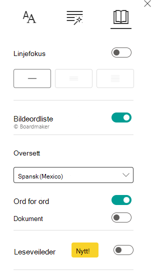 Skjermbilde av leseinnstillinger.
