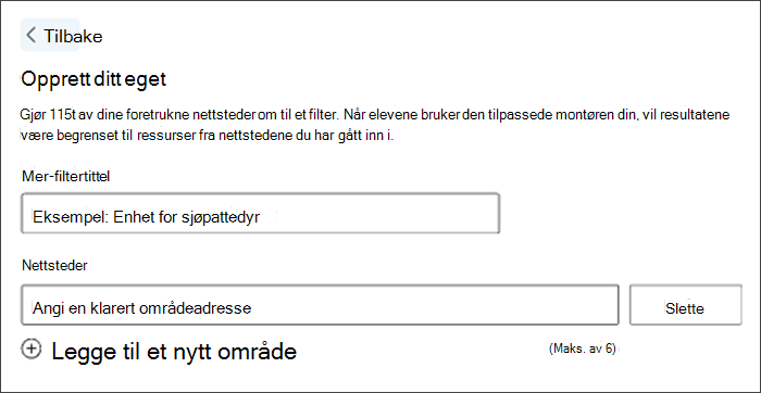 Skjermbilde av opprettelse av et egendefinert filter. Filtertittelen i eksemplet er enhet for marine pattedyr, og det er ledig plass nedenfor slik at du kan angi dine foretrukne nettsteder.