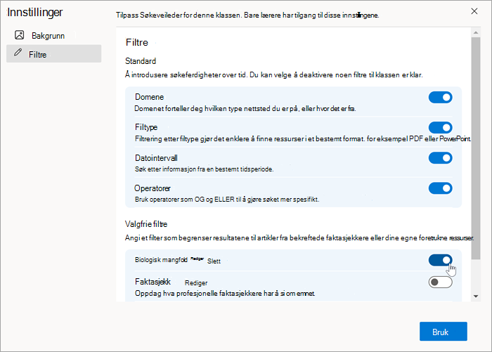 Skjermbilde av et egendefinert filter slik det vises i filterinnstillingen etter at det er opprettet. Det kan aktiveres og deaktiveres.