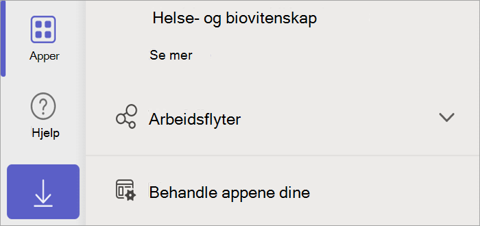 Skjermbilde av Teams som viser apper-knappen, som viser Administrer appene-knappen.