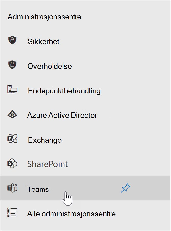 skjermbilde av administrasjonssenteret for Microsoft 365 med markøren plassert over inngangspunktet for administrasjonssenteret for Teams.