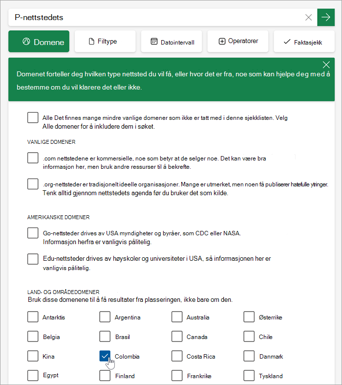 Skjermbilde av listen over land- og områdedomener etter å ha klikket mer.