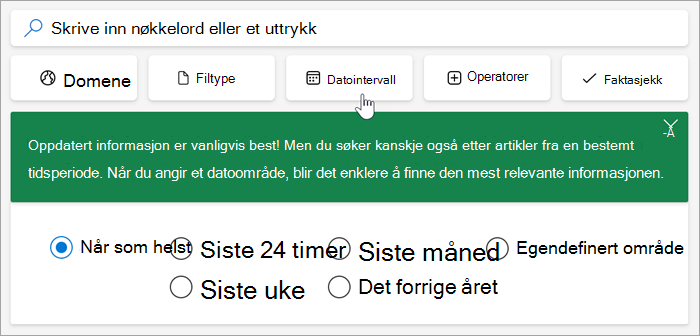 Skjermbilde av alternativene for datoområder, siste 24 timer, siste uke, siste måned, siste år, egendefinert område.