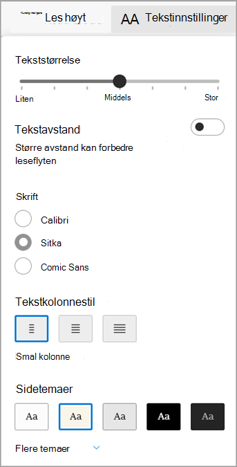 Tekstinnstillinger i Engasjerende leser for Microsoft Edge.