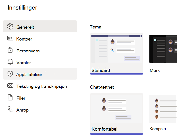 Skjermbilde av Teams-innstillinger fra en elevprofil. Apptillatelser er uthevet.