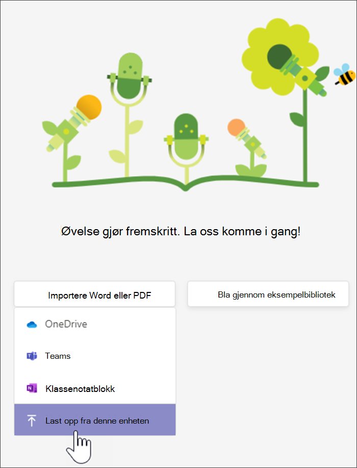 skjermbilde som viser rullegardinlisten etter å ha valgt Last opp ord for PDF