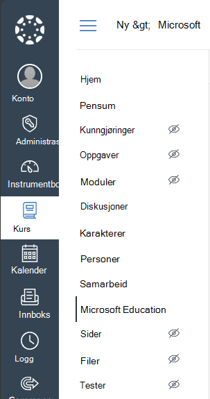 Velg Microsoft Education i Canvas-kursnavigasjonsmenyen