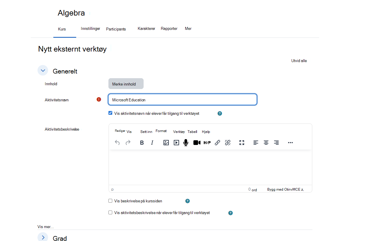 Dialogboksen Nytt eksternt verktøy i Moodle