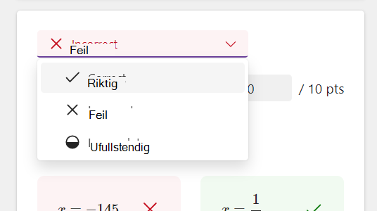 Skjermbilde av svaralternativer.