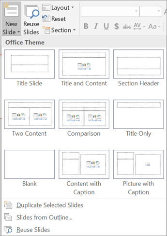 Menyen Nytt lysbilde i PowerPoint som viser tilgjengelige lysbildeoppsett