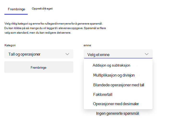 Skjermbilde av generer-fanen.