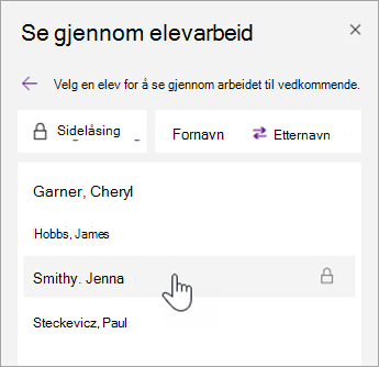 Skjermbilde av navnesortering.