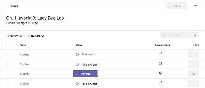 Markøren holdes over Innlevert-knappen i en valgt oppgave i Microsoft Teams.