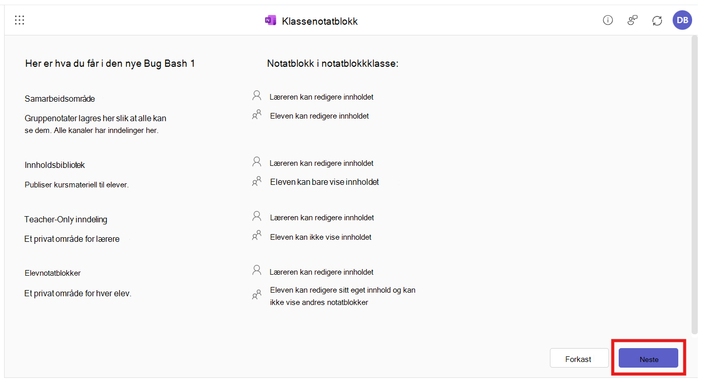 Klassenotatblokk-appen er åpen i M365 LTI-integrasjonen. Brukeren blir bedt om å se gjennom notatblokkdisposisjonen