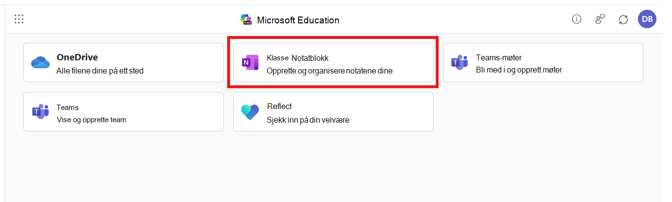 Appen Microsoft 365 LTI med Klassenotatblokk valgt
