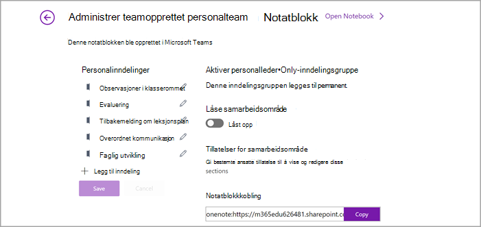 Skjermbilde av administrasjonssiden for personalnotatblokkinnstilling i OneNote.