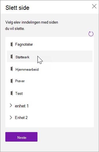 Velg elevinndelingen med siden du vil slette.