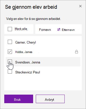 Merk av i avmerkingsboksen for å låse en individuell elevside.