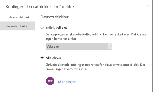 Opprett skrivebeskyttede koblinger for individuelle elevers notatblokker.