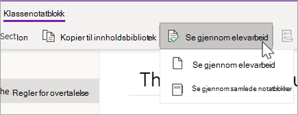 Knappen Se gjennom elevarbeid. Se gjennom elevarbeid og Se gjennom samlede notatblokker er alternativer.