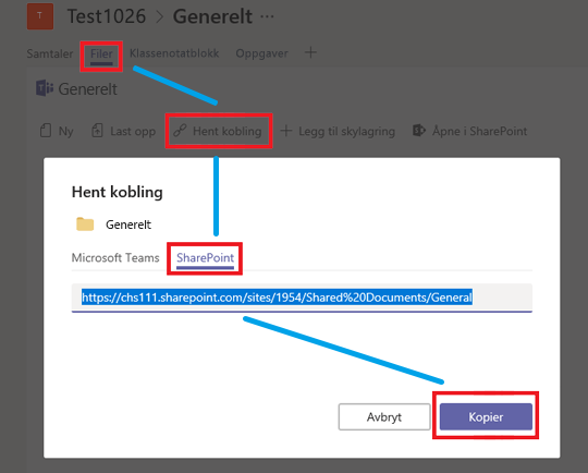 Klikk Files, deretter Hent kobling, deretter SharePoint, og kopier deretter