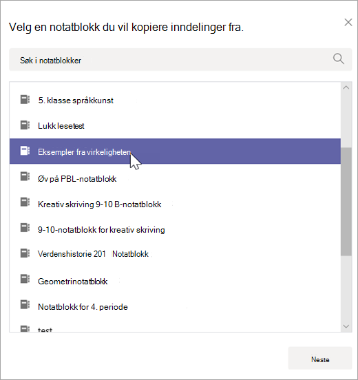 Velg en notatblokk du vil kopiere inndelinger fra.