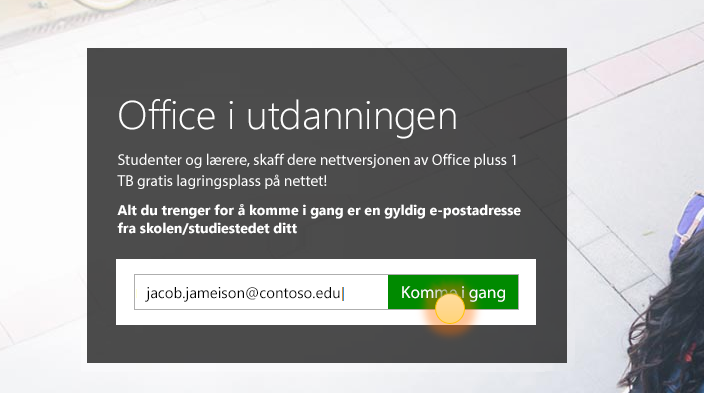 Skjermbilde av påloggingssiden Komme i gang.