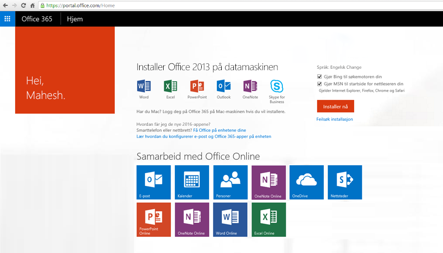 Skjermbilde som viser hvordan du installerer Office 365 på en PC.