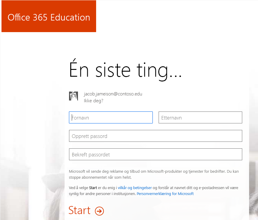 Skjermbilde av siden for oppretting av passord for registreringsprosessen for Office 365.