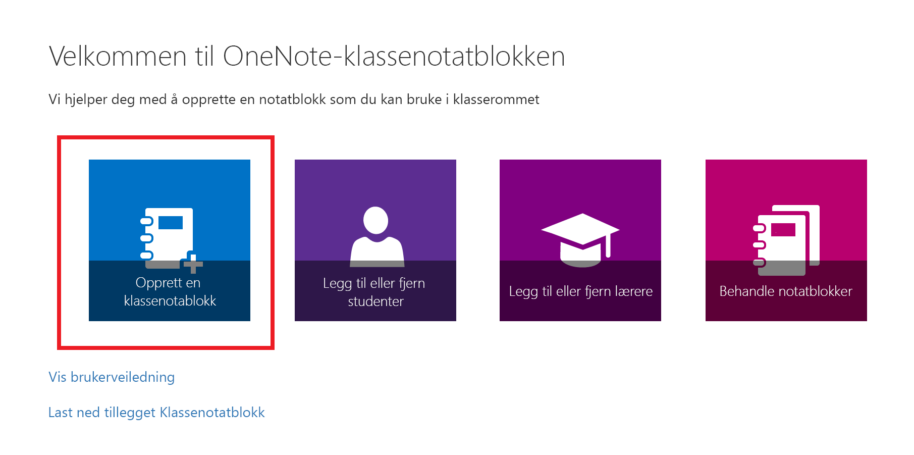 Skjermbilde av velkomstsiden til appen Klassenotatblokk.