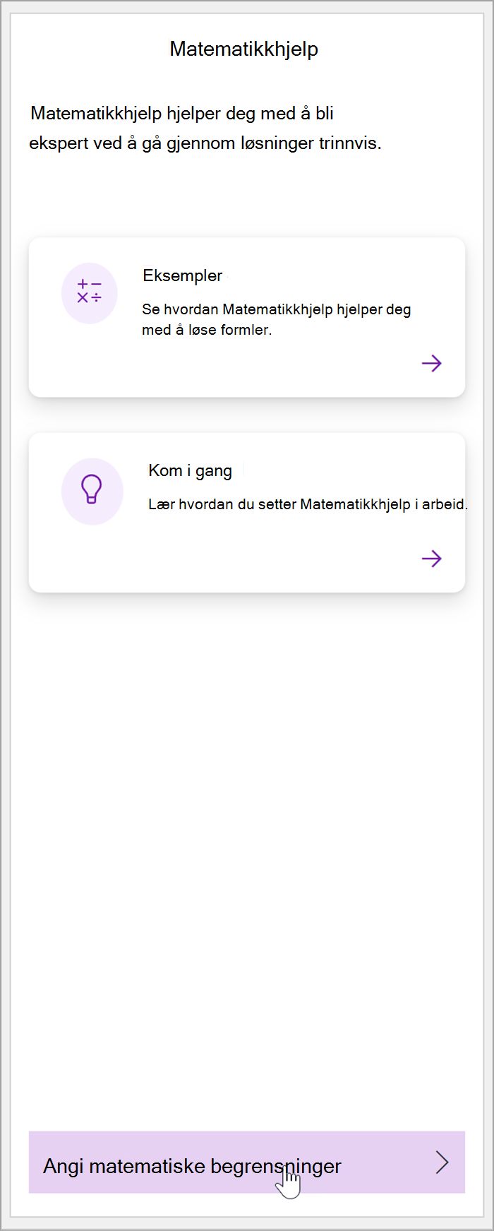 skjermbilde av matematikkruten i OneNote. En markør holdes over knappen Angi matematiske begrensninger