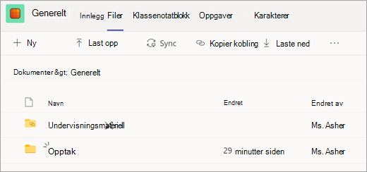 Filer-fanen i et klasseteam med Opptak-mappe