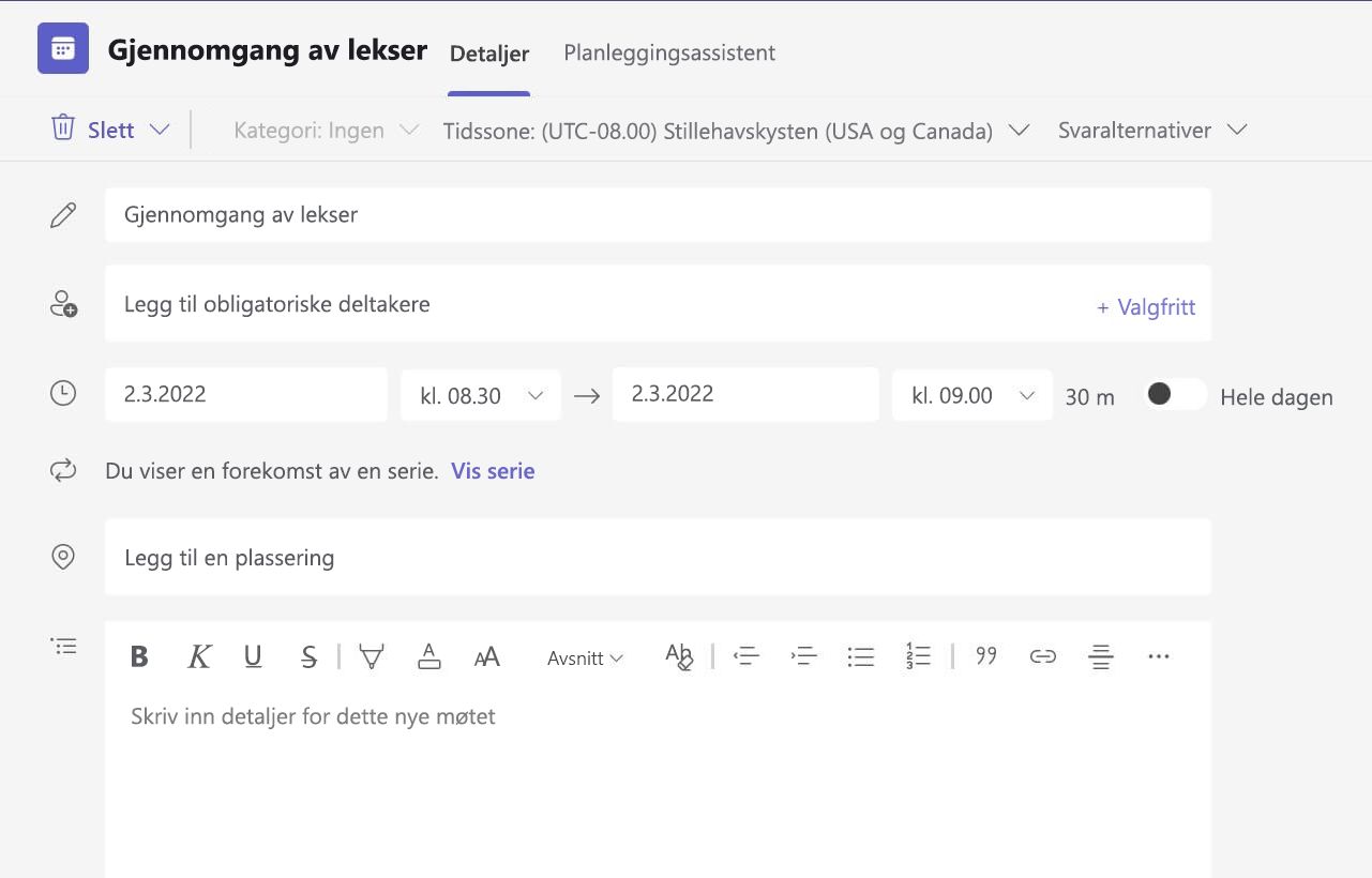 Skjermbilde av ingen møtedetaljer i nettversjonen av Teams.