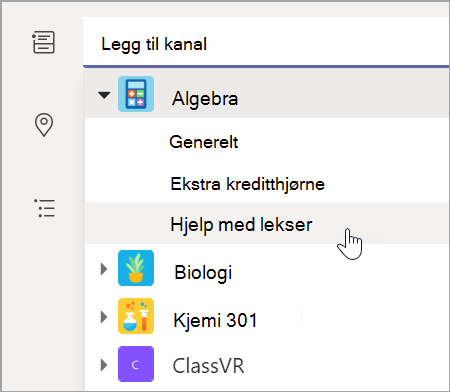 Skjermbilde som viser hvordan du velger teamkanal for klassen.