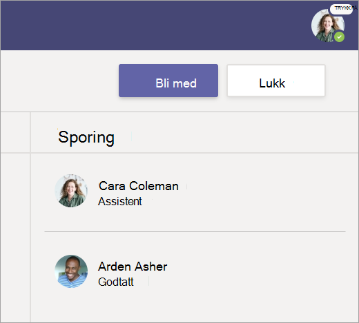 Skjermbilde som viser hvordan du velger Bli med for å bli med i møtet.