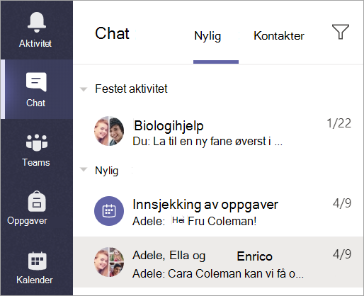 Skjermbilde som viser hvordan du velger Chat fra applinjen.