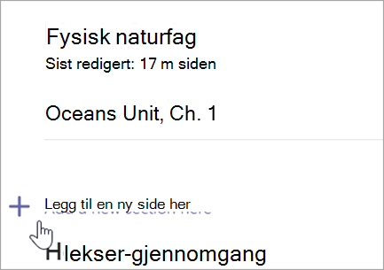Skjermbilde som viser Klassenotatblokk-siden med alternativer for å legge til en ny inndeling.